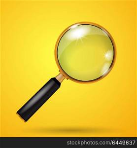Realistic vector golden magnifying glass on a yellow background
