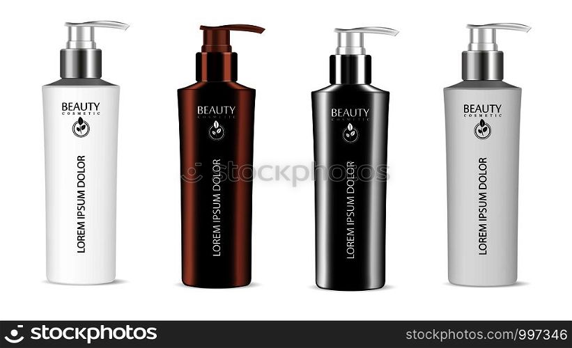 Realistic vector illustration blank template of plastic bottles with dispenser pump. Mock up of cosmetics package. Empty 3d colored plastic containers with pump for liquid soap, cream, shampoo.. Plastic bottles with dispenser pump. Mockup