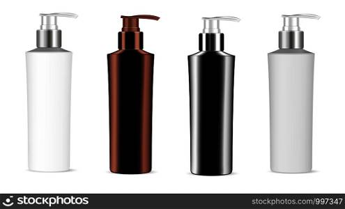Realistic vector illustration blank template of plastic bottles with dispenser pump. Mock up of cosmetics package. Empty 3d colored plastic containers with pump for liquid soap, cream, shampoo.. Plastic bottles with dispenser pump. Mockup