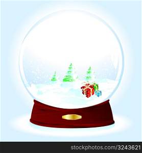 Realistic vector illustration of an snow-dome with gifts on snow and pine trees landscape