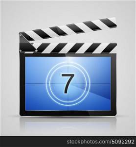 Realistic vector illustration of clapper board on gray background.