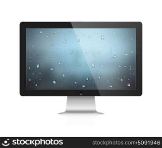 Realistic vector illustration of computer monitor with water drops wallpaper on screen isolated on white background
