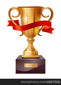 Realistic vector illustration of gold cup with red ribbon. Winner, leader, champion. Success concept. For topics like achievement, leadership, award