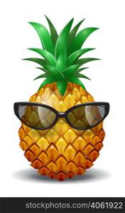 Realistic vector illustration of pineapple wearing sunglasses. Pineapple juice, tropical fruit, summer resort. Vacation concept. For topics like fruit, summer, travel
