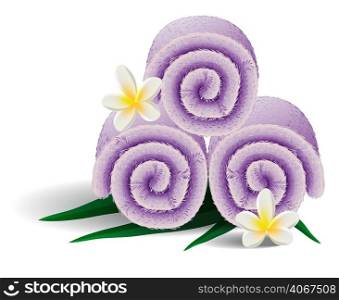 Realistic vector illustration of rolled towels. Flowers, decoration, spa salon. Service concept. For topics like relaxing, hotel service, health care, recreation
