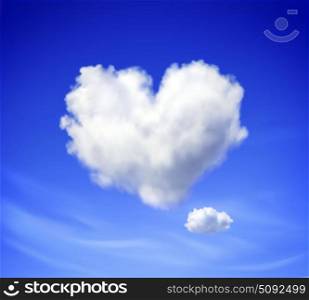 Realistic vector image of heart shaped cloud in blue sky.