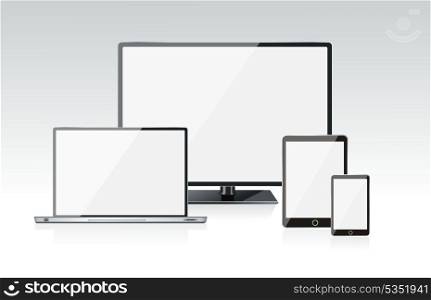 Realistic vector laptop, tablet computer, monitor and mobile phone