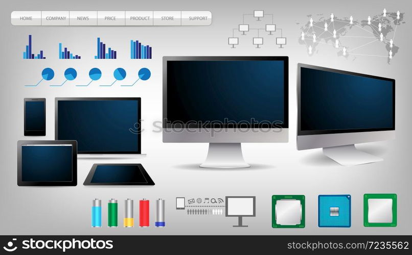 Realistic Vector Laptop Tablet Computer Monitor And Mobile Phone Template With Infographics 