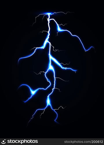 Realistic vector lightning dark night sky. Flash bright electricity illustration. Realistic vector lightning dark night sky