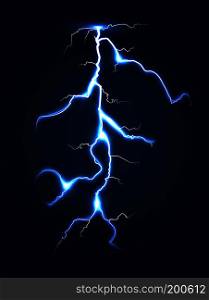 Realistic vector lightning dark night sky. Flash bright electricity illustration. Realistic vector lightning dark night sky