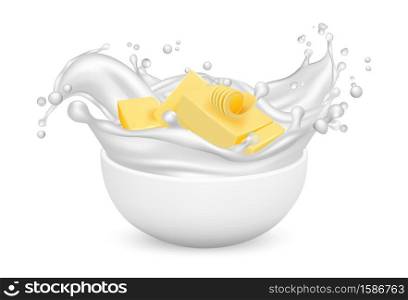 Realistic vector milk and butter in bowl isolated on white background. Bowl milk breakfast, drink and food ingredient, cream dairy illustration. Realistic vector milk and butter in bowl isolated on white background
