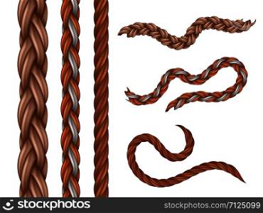 Realistic vector nautical cables, seamless ropes isolated on white background. Illustration of rope and cable, fiber cord, part of jute. Realistic vector nautical cables, seamless ropes isolated on white background