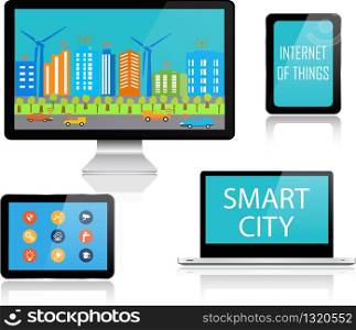 Realistic vector set of laptop, smartphone and computer with internet of things and smart city Device mockup template.Vector Electronic Media Devices