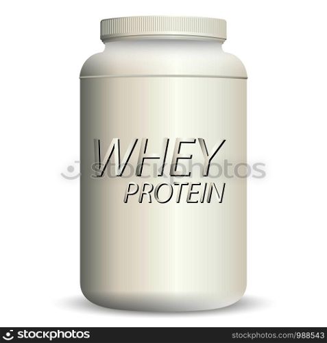 Realistic vector sport nutrition container without label. Whey protein and mass gainer white plastic jar isolated on background.. Realistic vector sport nutrition container Whey