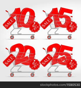 Realistic Vector Supermarket Cart with 3D Sale Percentage Numbers. Shopping, Discount Concept. 10 - 15 - 20 - 25 Percent Discount.. Realistic Vector Supermarket Cart with 3D Sale Percentage Numbers