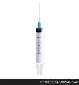 Realistic vector syringe with drop red blood liquid isolated on white background. Medical Syringe injector application device with needle, disposable plastic. Vector isolated illustration