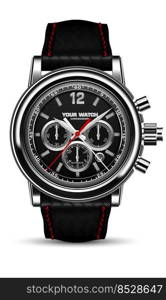 Realistic vector watch clock chronograph black metal face red arrow with leather weaved strip strap on white design classic luxury fashion for men