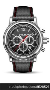 Realistic vector watch clock chronograph silver black face red arrow with leather weaved strip strap on white design classic luxury fashion for men