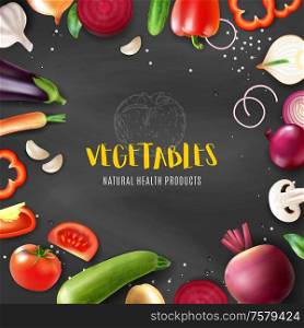 Realistic vegetables chalkboard frame composition with editable ornate text surrounded by slices and pieces of fruits vector illustration
