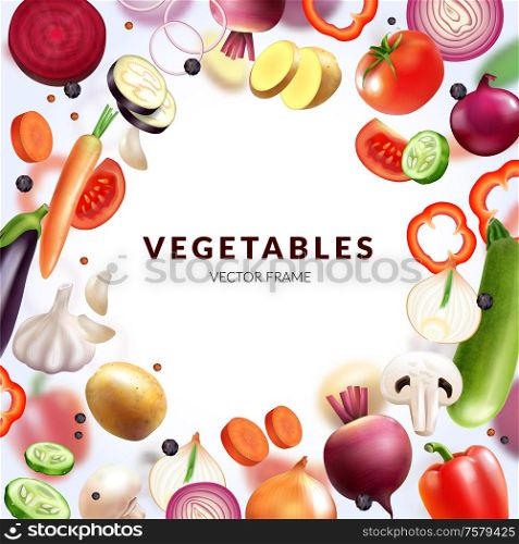 Realistic vegetables frame with empty space for editable text and round composition of fresh fruit slices vector illustration