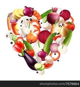 Realistic vegetables heart composition with heart shaped mix of vegetable slices and whole fruits with berries vector illustration
