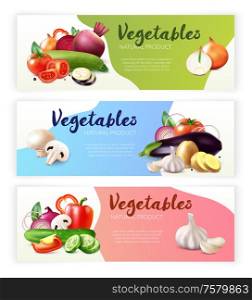 Realistic vegetables horizontal banners collection with three compositions of ripe fruits and slices with editable text vector illustration