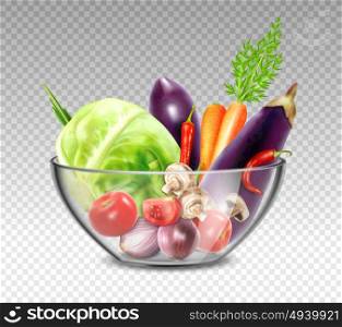 Realistic Vegetables In Glass Bowl. Colorful still life painting with vegetables in glass bowl on transparent background in realistic style vector illustration