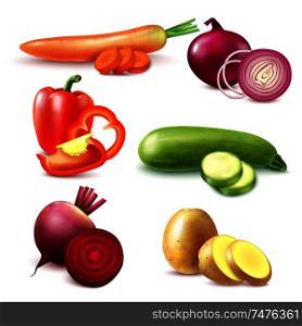 Realistic vegetables set of six isolated images with shadows and whole natural fruits with their slices vector illustration