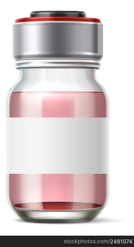 Realistic vial with pink liquid. Glass container with blank label isolated on white background. Realistic vial with pink liquid. Glass container with blank label