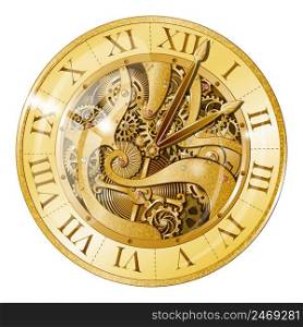 Realistic vintage watches with gears composition with mechanical clockwork mechanism visible under transparent watch face vector illustration. Vintage Golden Watch Illustration