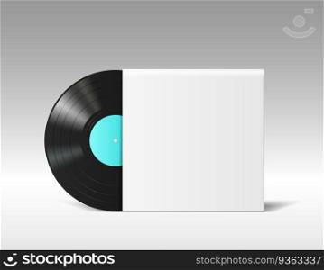 Realistic vinyl disc mockup in empty blank music album cover isolated on white background. Retro musical long play in white template paper box. 3d vector illustration. Realistic vinyl disc mockup in empty blank music album cover isolated on white background