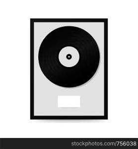 Realistic vinyl in frame on wall. Collection disc, template design element. Vector stock illustration.