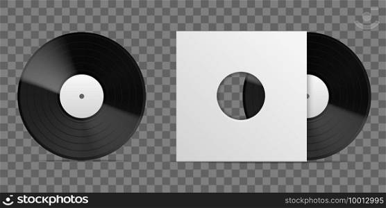 Realistic vinyl record. 3D long playing album blank paper cover template, vintage musical disc black plate packaging front view, empty square cardboard envelope with round hole. Vector isolated mockup. Realistic vinyl record. 3D long playing album blank cover template, vintage musical disc plate packaging front view, empty square cardboard envelope with round hole. Vector isolated mockup