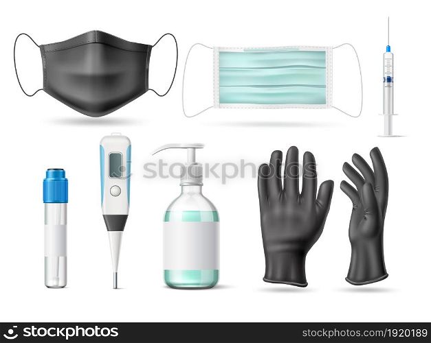 Realistic virus protective. Health cares medicine tools. Antibacterial agents. Disease diagnosis test. Vaccine syringe. Face masks and gloves. Sanitizer bottle. Vector medical disposable equipment set. Realistic virus protective. Health cares medicine tools. Antibacterial agents. Disease diagnosis test. Vaccine syringe. Masks and gloves. Sanitizer bottle. Vector medical equipment set