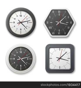 Realistic wall clock. Different shapes watch faces. Square, round or polygonal frames. Isolated office timepieces with hands. Various colors chronometer dials. Vector time measuring equipment set. Realistic wall clock. Different watch faces. Square, round or polygonal frames. Isolated timepieces with hands. Various colors chronometer dials. Vector time measuring equipment set