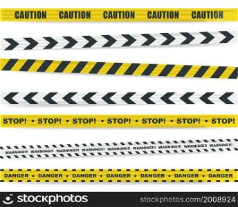 Realistic warning tape. Set crime yellow road stripes on white background. Vector isolated illustration.. Realistic warning tape. Set crime yellow road stripes on white background.