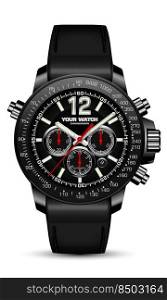 Realistic watch clock chronograph black face red arrow with leather strap on white design classic luxury fashion for men vector illustration.