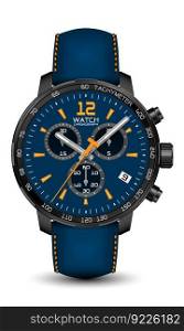 Realistic watch clock chronograph black steel blue leather strap yellow arrow on white design classic luxury vector	