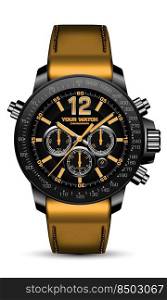 Realistic watch clock chronograph black steel face grey yellow number arrow leather strap on white design classic luxury fashion for men vector illustration.
