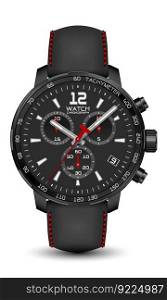 Realistic watch clock chronograph black steel leather strap dark grey red arrow on white design classic luxury vector	