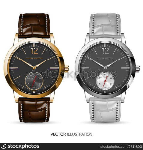 Realistic watch clock chronograph collection gold silver metallic arrow white black number text brown grey leather strap on isolated background design classic luxury for men vector