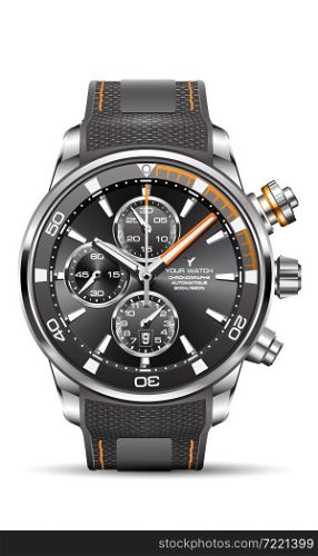 Realistic watch clock chronograph dark grey orange rubber strap dial design for men fashion on white background vector illustration.