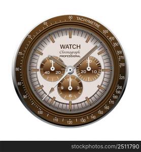 Realistic watch clock chronograph face stainless steel dial brown on white background vector illustration.