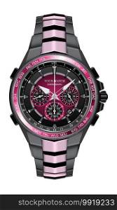 Realistic watch clock chronograph pink black steel design fashion for men luxury elegance on white background vector illustration.