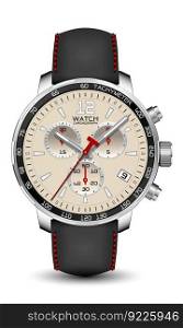 Realistic watch clock chronograph silver leather strap black red arrow on white design classic luxury vector	