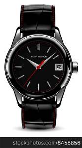 Realistic watch clock red silver black leather strap on white design classic luxury vector illustration.