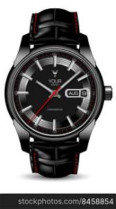 Realistic watch face red grey leather strap black on white design classic luxury vector illustration.