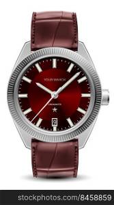 Realistic watch silver leather strap red on white design classic luxury vector illustration.