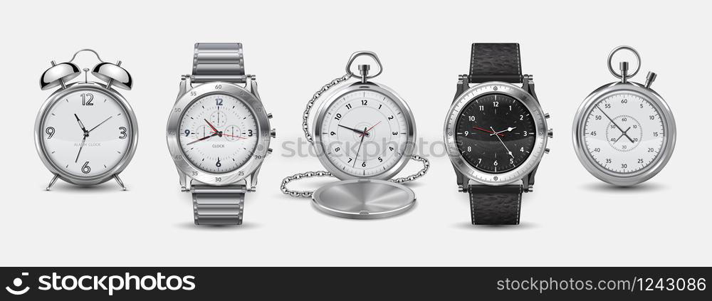 Realistic watches. 3D square and round wall clock, wrist watches, alarm and chronometer with metallic and plastic bezels and dials. Vector set hour pointer for wall or hand. Realistic watches. 3D square and round wall clock, wrist watches, alarm and chronometer with metallic and plastic bezels and dials. Vector set