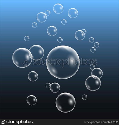 Realistic water bubbles, set of design elements isolated on blue background. Vector illustration